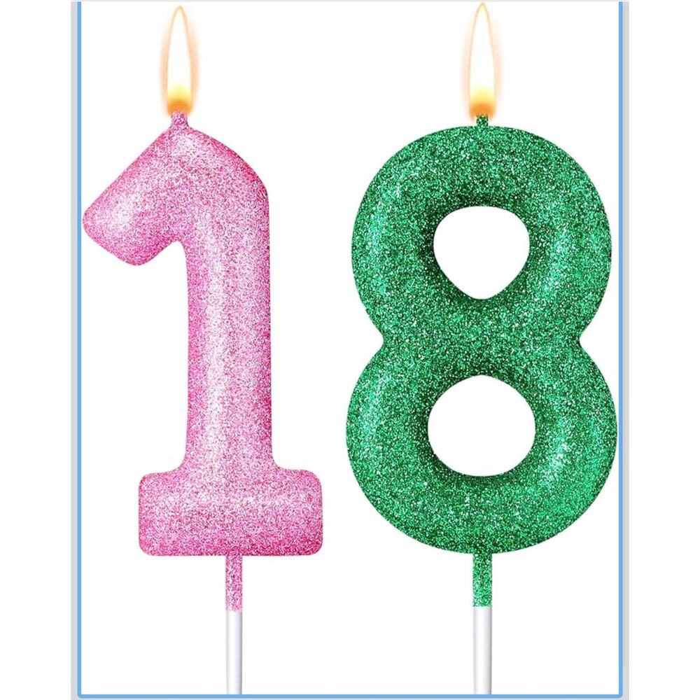 18th Party Glitter Birthday Candles Pink and Green Number Candles New